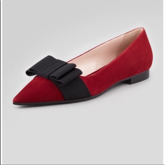 Prada Shoes - Miu Miu Suede Pointed-Toe Bow Flat Red 38